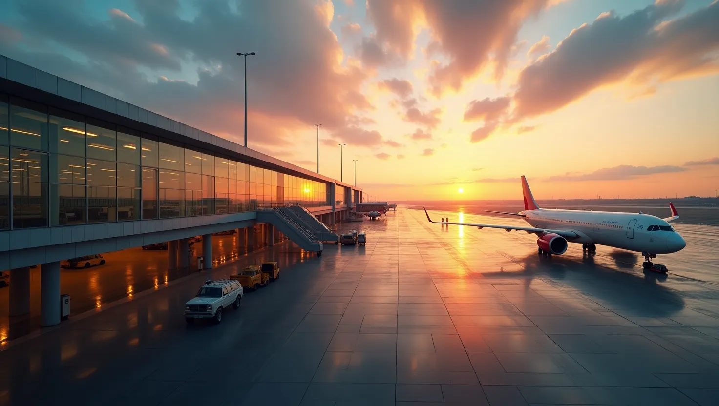 Vorfeld des Flughafens bei Sonnenuntergang mit Terminal und Flugzeug